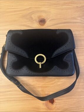 Sandro Sybille Black Suede Leather Brogue Shoulder Crossbody Bag